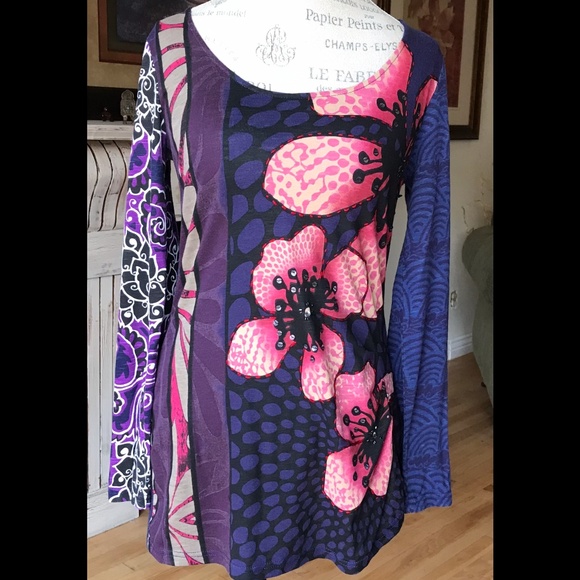Desigual Tops - DESIGUAL of SPAIN Floral Purple Pink Black Top Size M